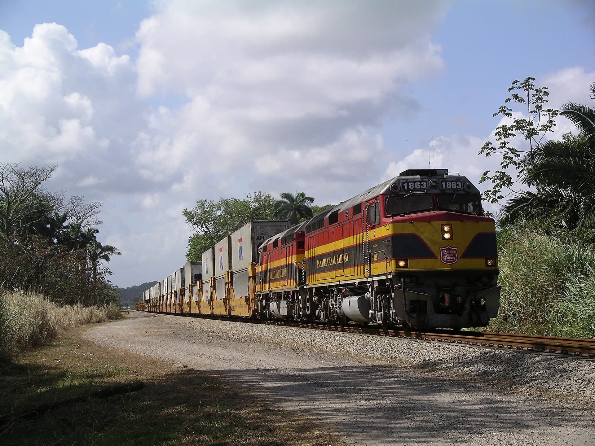 A double-stacked container train on the Panama Canal Railway.